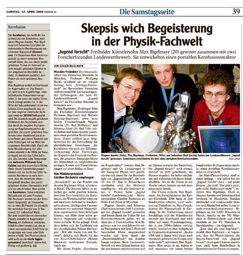 Jugend forscht in Günzburger Zeitung - Kernfusion -Max Bigelmayr, Magnus Anselm, Sebastian Glasl