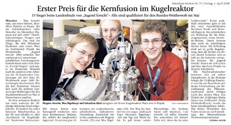 Münchner merkur Jugend forscht: Erster Preis für die Kernfusion im Kugelreaktor ; Max Bigelmayr, Magnus Anselm Sebastian Glasl